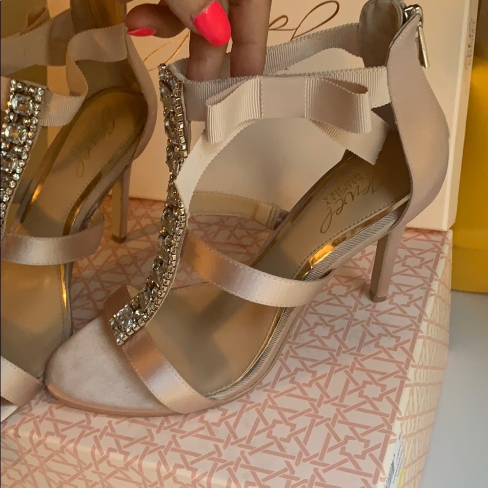 Badgley Mischka rose gold satin with jewel front. - Picture 5 of 8